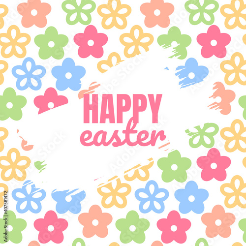 Easter layout, background with colorful flowers on white background. Christian holiday banner or invitation with place for text. Cute spring card template