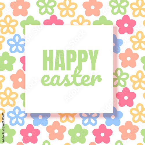 Easter layout, background with colorful flowers on white background. Christian holiday banner or invitation with place for text. Cute spring card template