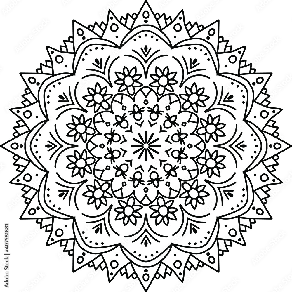 Circular pattern in form of mandala for Henna, Mehndi, tattoo, decoration. Beautiful relaxation black and white ornament. Coloring book page. Circular pattern in form of mandala for Henna, Mehndi, tattoo, decoration. Beautiful relaxation black and white ornament. Coloring book page.