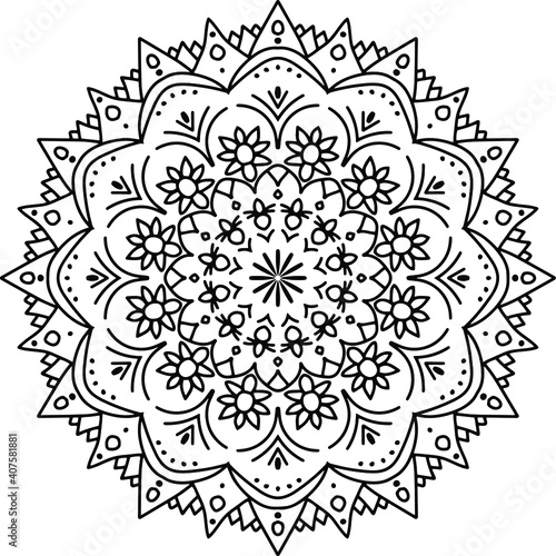 Circular pattern in form of mandala for Henna, Mehndi, tattoo, decoration. Beautiful relaxation black and white ornament. Coloring book page. 