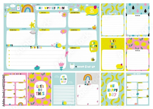 Vector weekly planner template. Vector templates with cute design elements. Cute print for cards,  poster, banners, book covers, notebooks page. 