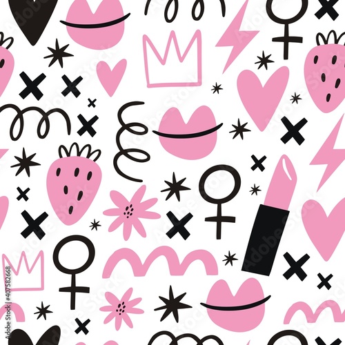 Seamless pattern with Handwritten lettering quote - Girl Power. International womens day graphic in vector. Vector print strong women.