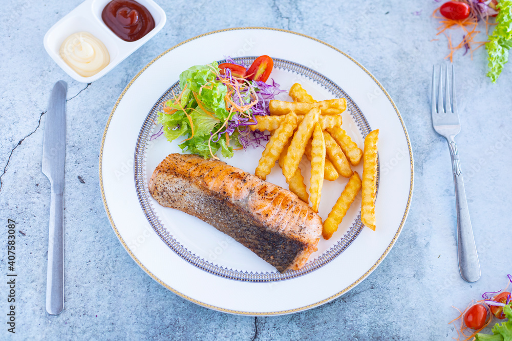 grilled salmon steak with potatoes grilled salmon steak with potatoes