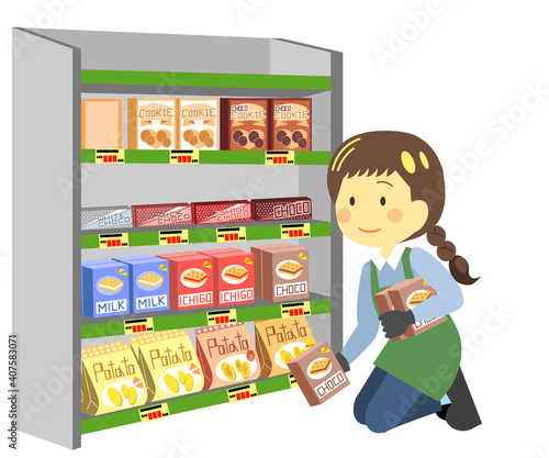 感染対策をして品出しする店員　マスク無しver