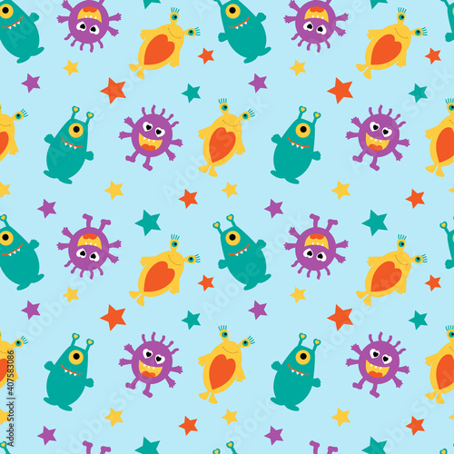 Funny aliens and multicolored stars on a blue background.