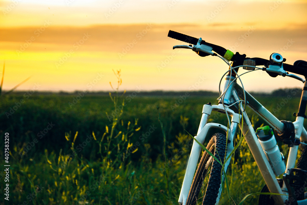 Close-up of mountain bike stands in the rural green field at summer evening. Cycling adventure and summer leisure time Close-up of mountain bike stands in the rural green field at summer evening. Cycling adventure and summer leisure time