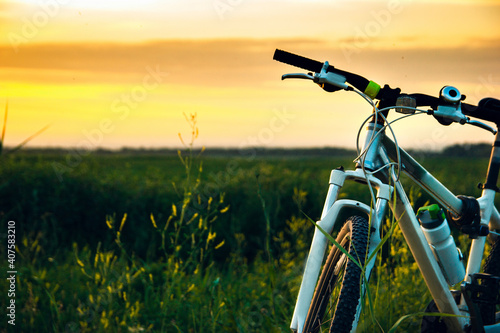 Close-up of mountain bike stands in the rural green field at summer evening. Cycling adventure and summer leisure time