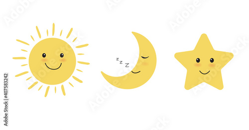 Sun, moon and star icon on white background. Cute sun and star smiling cartoon characters. Moon sleeping. Vector illustration
