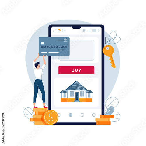 Buying a house online vector illustration. Man buys a home paying by credit card. Dealing house, property digital web purchase, mortgage concept for banner, web, emailing. Modern flat cartoon design