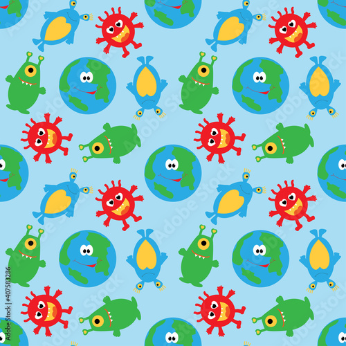 Cute planet and funny multicolored aliens on a blue seamless background.