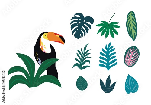 Hand drawn exotic pattern with toucan and tropical leaves. fresh summer pattern for textile, paper, decor and greeting cards