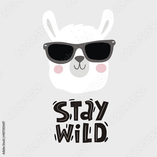 LLama vector print wearing glasses vector illustration. Summer hand-drawing print cute alpaca cartoon character. Modern print for clothes