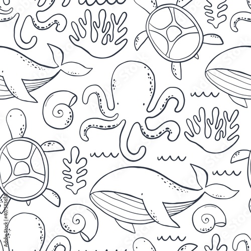 Cute wild Whale - Vector illustration. Cartoon whale  characters in scandinavian style for children. Seamless pattern with whale