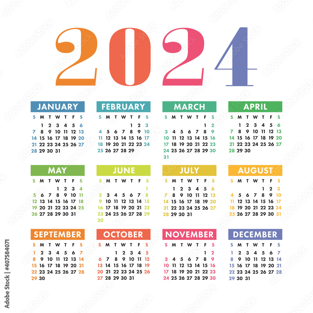 Calendar 2024. English colorful vector square wall or pocket calender