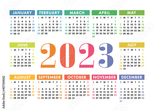 Calendar 2023. English colorful vector horizontal wall or pocket calender template. Design. New year. Week starts on Sunday