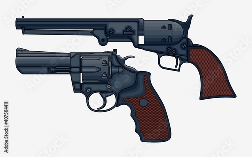 Two revolver pistols vector isolated illustration. Drawing of vintage Colt revolvers