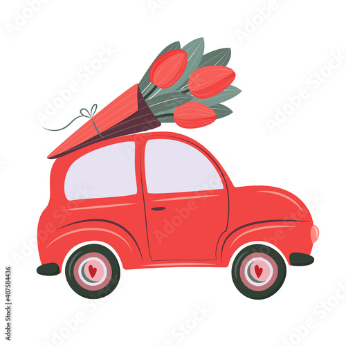 Cute retro car delivering bouquet of tulips. Valentine's day, birthday or wedding concept. Love, Romantic vector illustration in flat cartoon style. For card,  banner, invitation