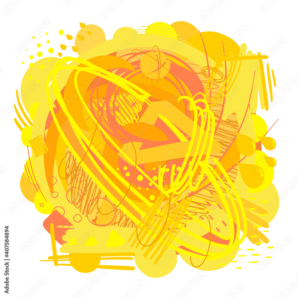 Hot warm orange and yellow composition. Chaotic color shapes and line. Hand drawn sketch. Abstract background. Vector Illustration.