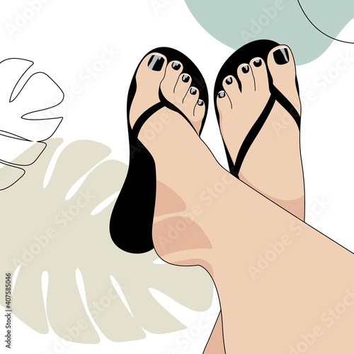 tropical vector illustration with beautiful feet in slippers, monstera shadow falls, black nail polish glitters, french pedicure