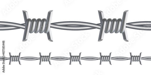 Barbed wire. Repetitive, seamless border of steel fencing barb wire isolated on white background. Vector realistic gradient mesh element for your design.