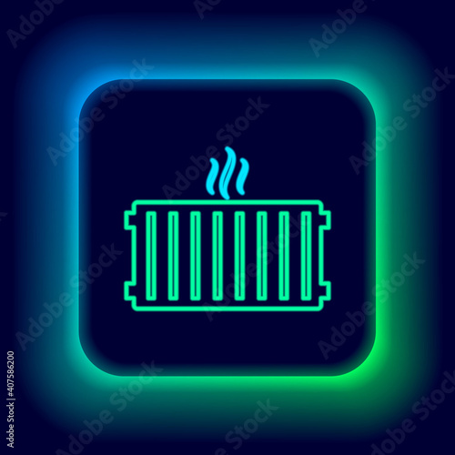 Glowing neon line Heating radiator icon isolated on black background. Colorful outline concept. Vector.