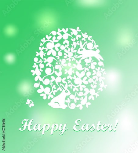 Easter greeting green shining card with paper cutting decorative egg with bunny