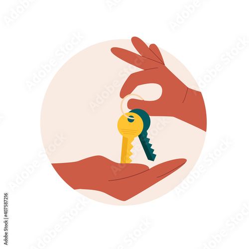 Buying or renting a new apartment, house or car. Black hand giving keys to customer on white isolated background. Mortgage, credit or property concept. Sale and rent of apartment. Vector illustration