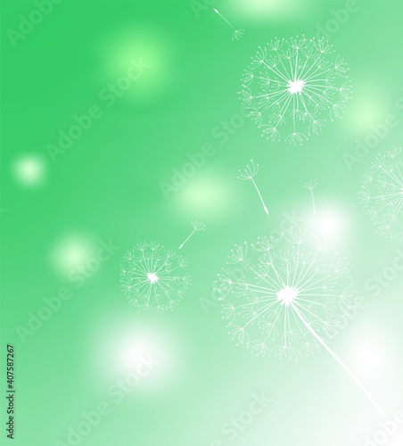 Promotional web green banner for social media with dandelions flying head. Elegant sale and discount promo