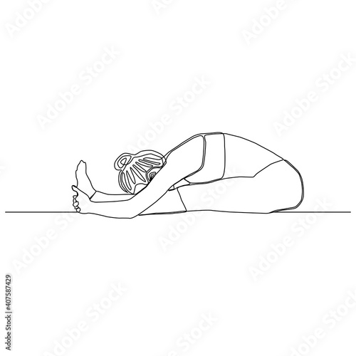 Continuous line of woman doing yoga in Seated forward pose vector. Stretching body concept