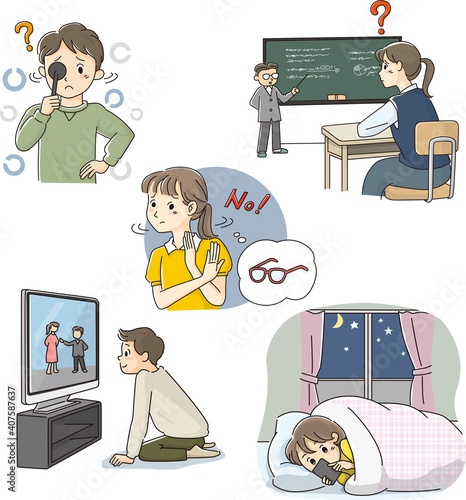 Vision loss in children, vector illustration set