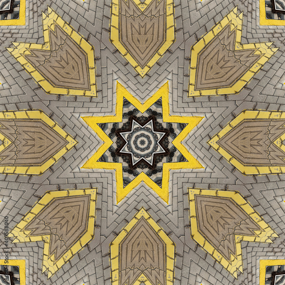 abstract background of railway pattern of a kaleidoscope. grey bricks and yellow line background fractal mandala. abstract kaleidoscopic arabesque. geometrical ornament pattern