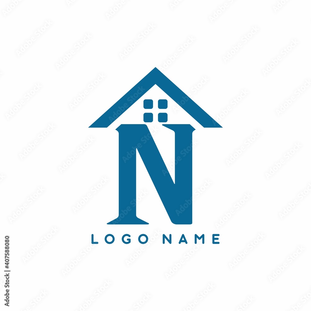 Blue color of N letter with house sign for real estate logo template Blue color of N letter with house sign for real estate logo template