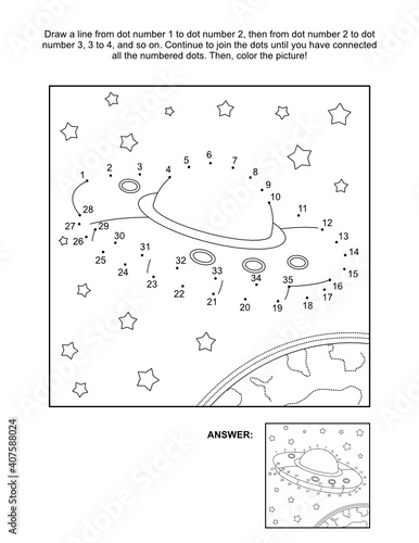 UFO connect the dots, or dot-to-dot, activity and coloring page, outer space themed, with UFO, stars, earth. Answer included.

