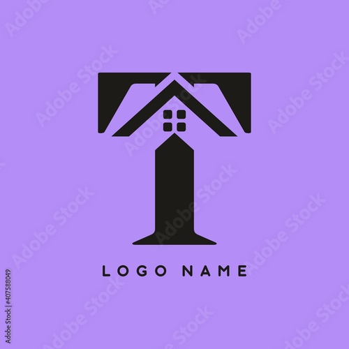Black T letter with house sign for real estate logo template