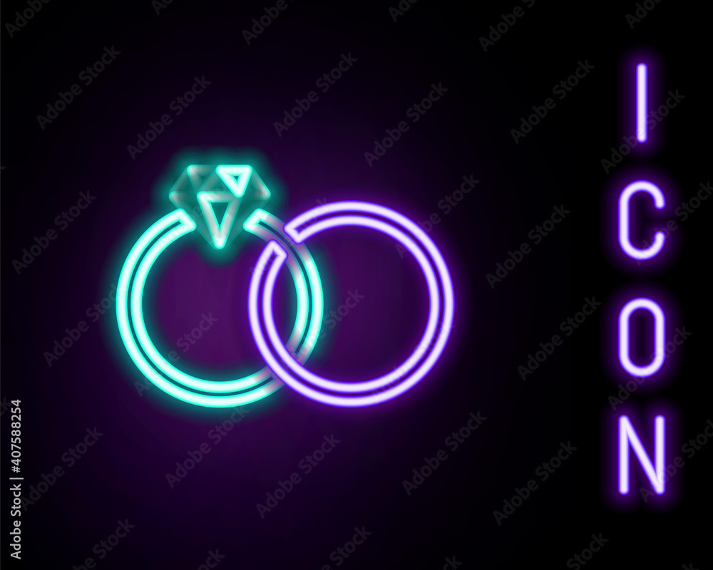 Glowing neon line Wedding rings icon isolated on black background. Bride and groom jewelery sign. Marriage icon. Diamond ring. Colorful outline concept. Vector. Glowing neon line Wedding rings icon isolated on black background. Bride and groom jewelery sign. Marriage icon. Diamond ring. Colorful outline concept. Vector.