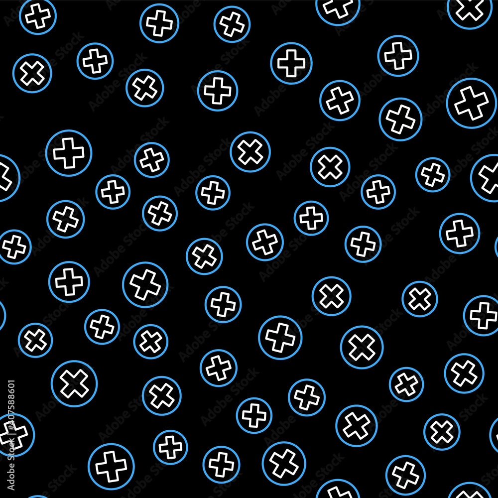 Line Medical cross in circle icon isolated seamless pattern on black background. First aid medical symbol. Vector. Line Medical cross in circle icon isolated seamless pattern on black background. First aid medical symbol. Vector.