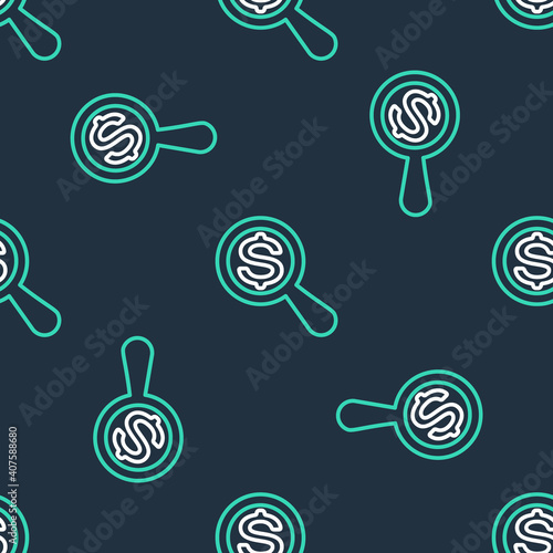 Line Magnifying glass and dollar icon isolated seamless pattern on black background. Find money. Looking for money. Vector.