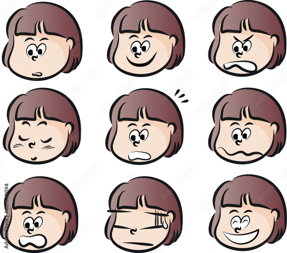 vector cartoon short hair girl face emoji set vector cartoon short hair girl face emoji set