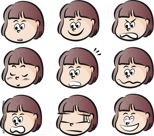 vector cartoon short hair girl face emoji set