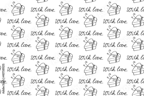 Vector seamless pattern with gift boxes in shape of heart and handwritten lettering- with love. Holiday background texture. For wrapping paper  greeting card  wedding  birthday  Valentine s Day