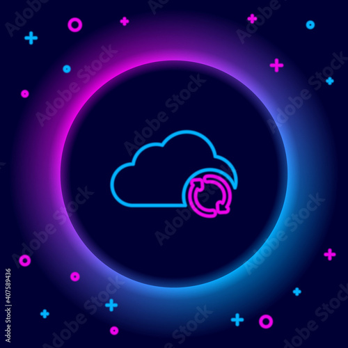 Glowing neon line Cloud sync refresh icon isolated on black background. Cloud and arrows. Colorful outline concept. Vector.