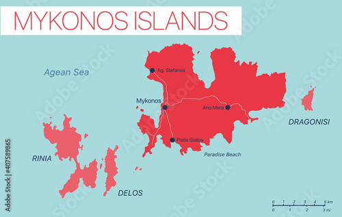 Mykonos island detailed editable map with cities and towns, geographic sites. Vector EPS-10 file