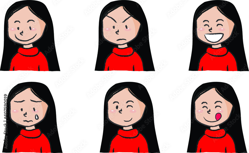 vector cartoon long hair girl emoji set