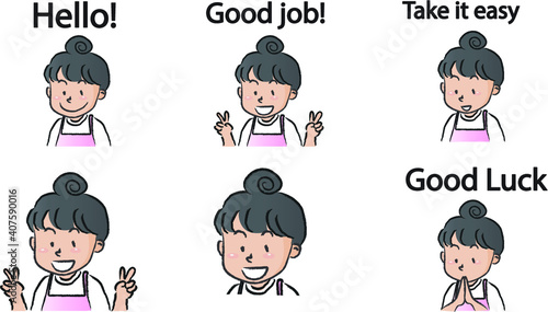 vector cartoon long hair girl emoji set