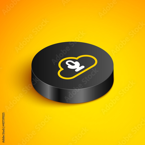 Isometric line Music streaming service icon isolated on yellow background. Sound cloud computing, online media streaming, online song, audio wave. Black circle button. Vector.