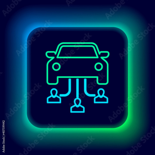 Glowing neon line Car sharing with group of people icon isolated on black background. Carsharing sign. Transport renting service concept. Colorful outline concept. Vector.
