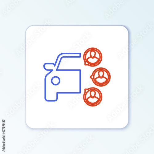 Line Car sharing with group of people icon isolated on white background. Carsharing sign. Transport renting service concept. Colorful outline concept. Vector.