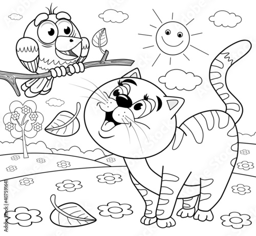 The cat looks at the sparrow coloring pages for children