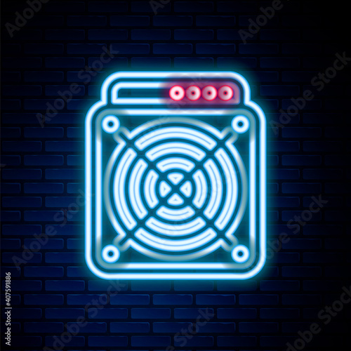 Glowing neon line ASIC Miner icon isolated on brick wall background. Cryptocurrency mining equipment and hardware. Application specific integrated circuit. Colorful outline concept. Vector.