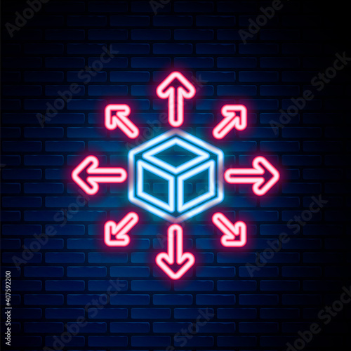 Glowing neon line Distribution icon isolated on brick wall background. Content distribution concept. Colorful outline concept. Vector.